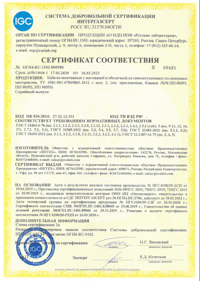 ИНТЕХ получил сертификат ИНТЕРГАЗСЕРТ на кабель МКПс®